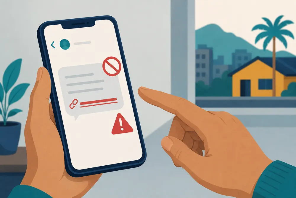 Ilustração de um celular com uma mensagem de intimação falsa e um link suspeito, com sinal de alerta para não clicar.