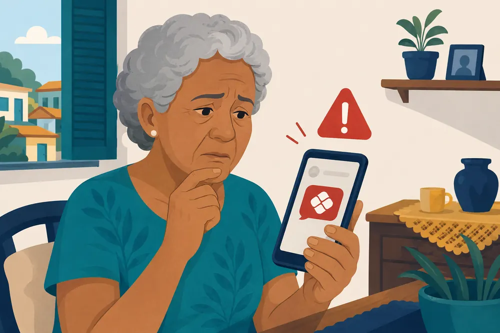 Ilustração de uma pessoa idosa olhando o celular com desconfiança ao receber uma mensagem pedindo PIX.