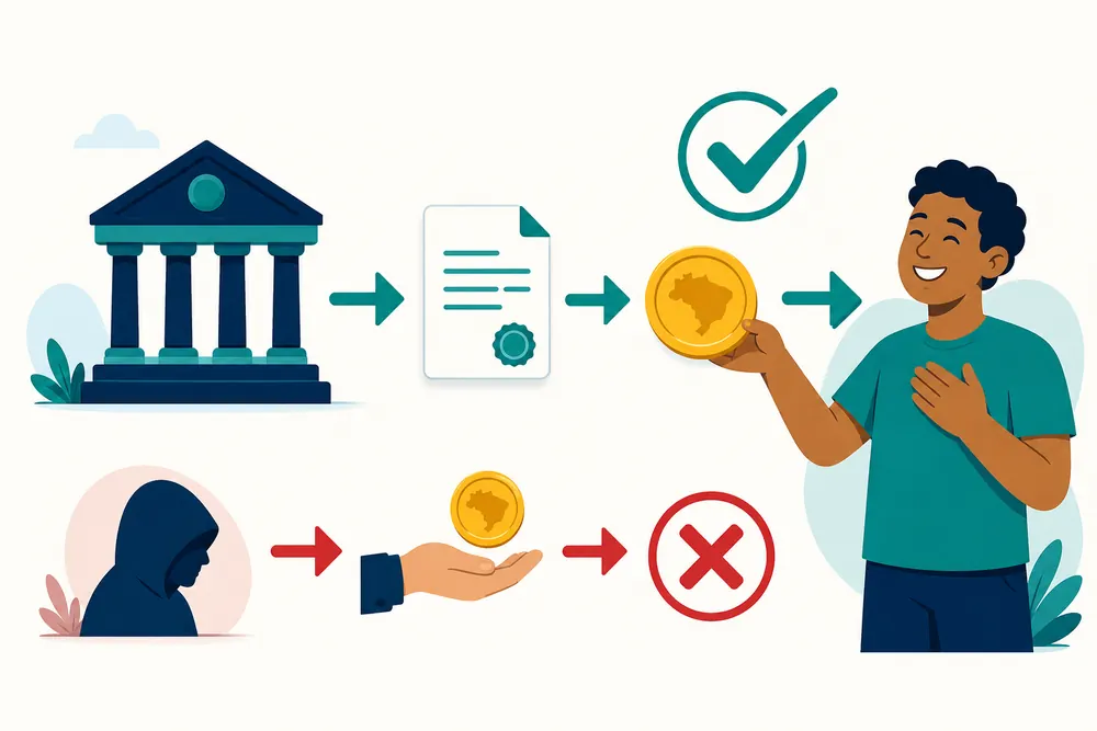 Ilustração mostrando que consultar e receber um precatório é gratuito e que cobrar taxa por PIX é golpe.